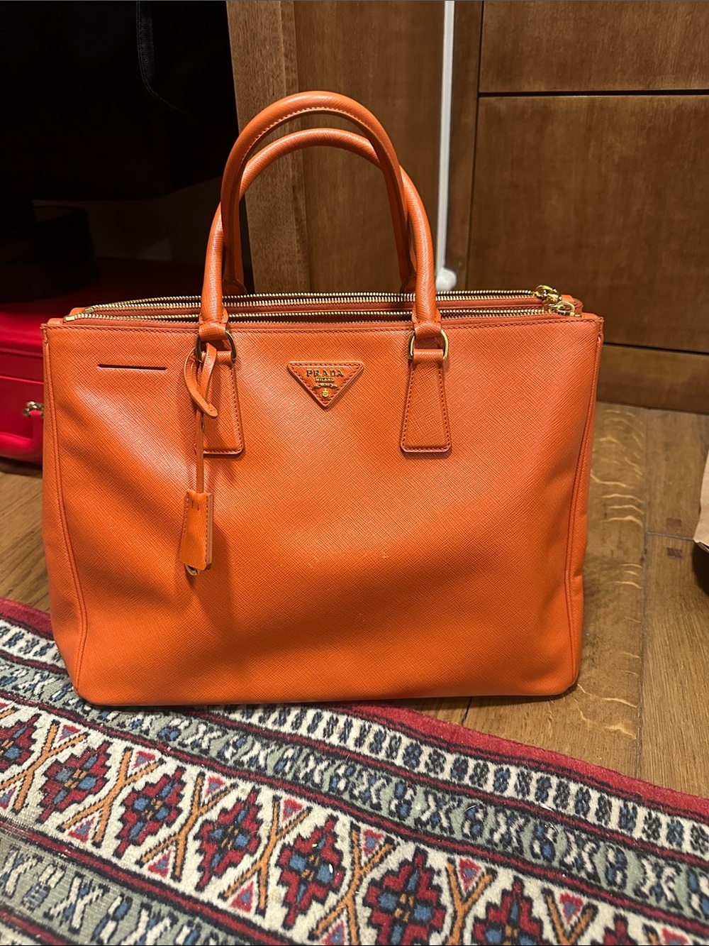 Prada Orange Saffiano Leather Satchel with Dual Top Handles